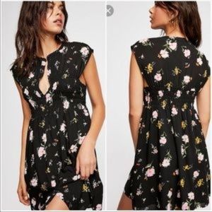 Free People Black Floral Greatest Day Smocked Waist Mini Dress M